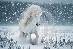 white Friesian stallion galloping field