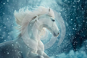 white Friesian stallion galloping field