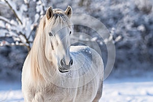 white Friesian stallion galloping field.