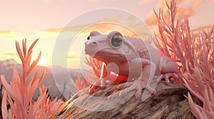 A white frog sitting on top of a rock. Generative AI image.
