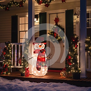 White front door of country house decorated with Christmas wreath, snowman, fir garlands with lights