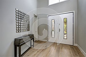 White front door opens to a contemporary foyer photo