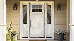 White front door with small square decorative windows and flower pots . Generative Ai