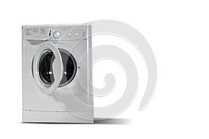 White Front Load Washing Machine Isolated on White Background. Modern Washer with Electronic Control Panel. Side View of