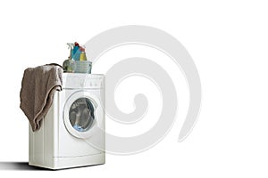 White Front Load Washing Machine Isolated on White Background. Modern Washer with Electronic Control Panel. Side View of