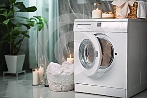 White Front Load Washing Machine Isolated on White Background. Modern Washer with Electronic Control Panel. Side View of Household