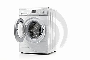 White Front Load Washing Machine Isolated on White Background. Modern Washer with Electronic Control Panel. Side View of Household