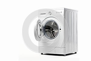 White Front Load Washing Machine Isolated on White Background. Modern Washer with Electronic Control Panel. Side View of Household