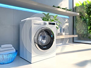 White Front-Loading Washing Machine in a Modern Bathroom