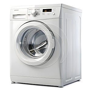 White front loading washing machine with silver drum and control panel isolated on white