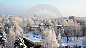 White frost covered trees. City winter morning panorama.