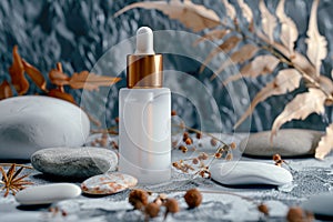 White frosted glass dropper bottle with golden cap, surrounded by stones and dried plants