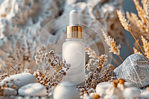 White frosted glass dropper bottle with golden cap, surrounded by stones and dried plants. Concept of natural skin care