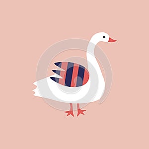 White funny goose hand drawn vector illustration. Cute isolated farm bird in flat style for kids logo..