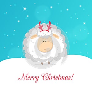 White funny sheep isolated on blue background. Vector christmas greeting card