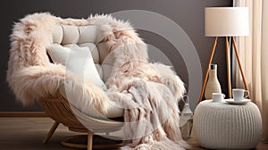 White fur armchair near wall with fur decor and fluffy. Generative AI.