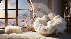 White fur armchair near wall with fur decor and fluffy. Generative AI.