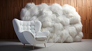 White fur armchair near wall with fur decor and fluffy. Generative AI.