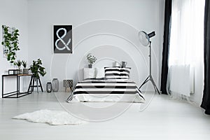 White fur on floor in minimalistic bedroom