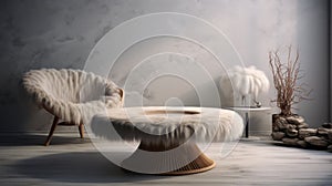 White Fur Stool, Chair, And Coffee Table: Realism With Surrealistic Elements