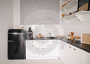 White Furnished Kitchen with Black Accents, Kitchen Furniture, Kitchen Design, Kitchen Interior