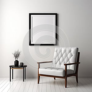 Black Leather Arm Chair In Interior With Frame On Wall