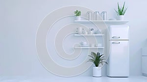 White furniture with utensils, shelves with crockery, plants in pots, refrigerator in a simple minimal dining room