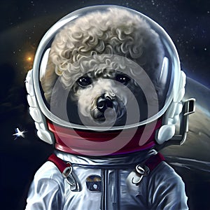 White Furred Poodle in Space Suit Portrait