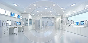 White futuristic digital laboratory interior in semiconductor manufacturing factory