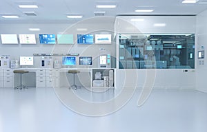 White futuristic digital laboratory interior in semiconductor manufacturing factory