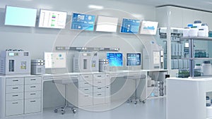 White futuristic digital laboratory with machine and computer screen