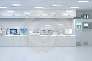 White futuristic digital laboratory with machine and computer screen