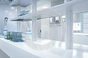 White futuristic digital laboratory with machine, computer screen and test tubes