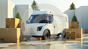 White futuristic electric van with cardboard boxes around