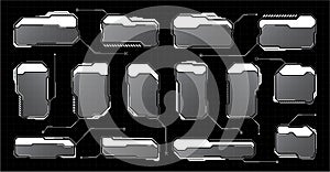 White futuristic HUD, UI elements. Sci-fi user interface text boxes, callouts. Warning message frames, information boxes