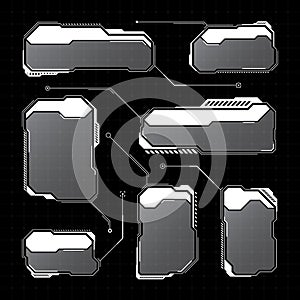 White futuristic HUD, UI elements. Sci-fi user interface text boxes, callouts. Warning message frames, information boxes