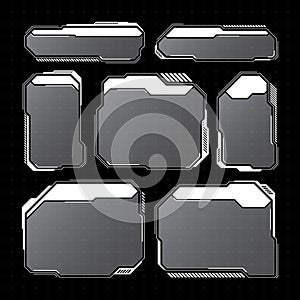 White futuristic HUD, UI elements. Sci-fi user interface text boxes, callouts. Warning message frames, information boxes