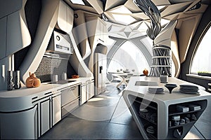 White futuristic kitchen. Real estate. Real estate agent. Interior decorator. Home staging.