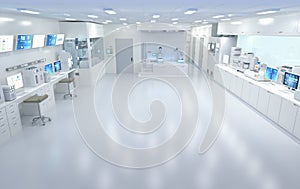 White futuristic laboratory interior in semiconductor manufacturing factory