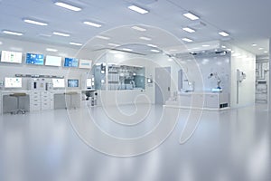 White futuristic laboratory interior in semiconductor manufacturing factory