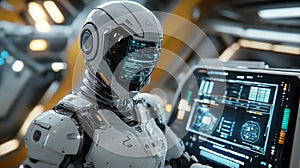 White Futuristic Robot at Control Panel in Sci-Fi Setting