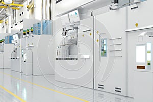 White futuristic semiconductor manufacturing factory or laboratory interior with machine and computer screen