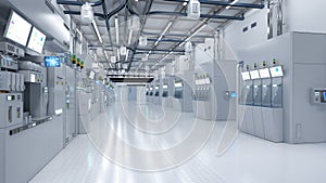 White futuristic semiconductor manufacturing factory or laboratory interior with machine and computer screen