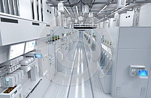 White futuristic semiconductor manufacturing factory or laboratory interior with machine and computer screen