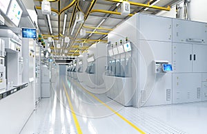 White futuristic semiconductor manufacturing factory or laboratory interior with machine and computer screen