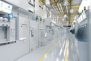 White futuristic semiconductor manufacturing factory or laboratory interior with machine and computer screen