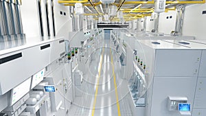 White futuristic semiconductor manufacturing factory or laboratory interior with machine and computer screen