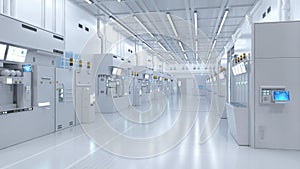 White futuristic semiconductor manufacturing factory or laboratory interior with machine and computer screen