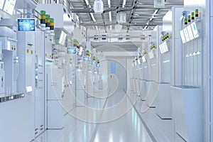 White futuristic semiconductor manufacturing factory or laboratory interior with machine and computer screen
