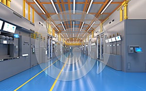 White futuristic semiconductor manufacturing factory or laboratory interior with machine and computer screen